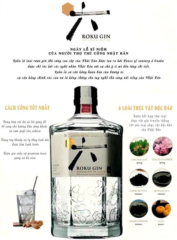 Rượu Roku Gin với 6 loại thực vật