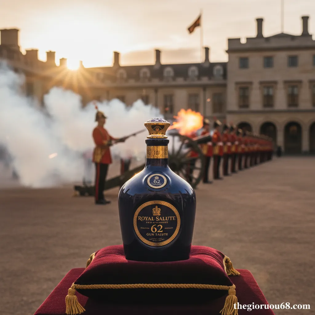 Giới thiệu rượu Royal Salute 62 Gun Salute 7 Nghi thức bắn súng chào mừng với chai Royal Salute 62 Gun Salute ở tiền cảnh